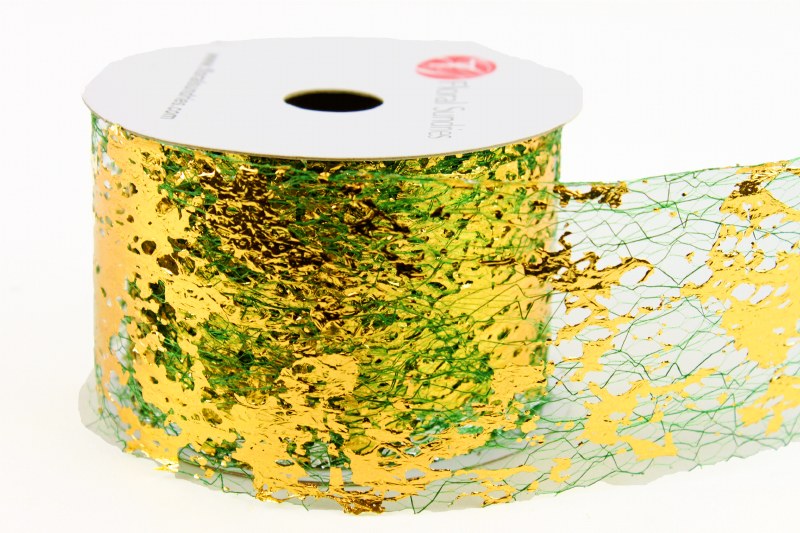 Mesh Ribbon Gold Leaf/ Green 2.5" x 10 Yards