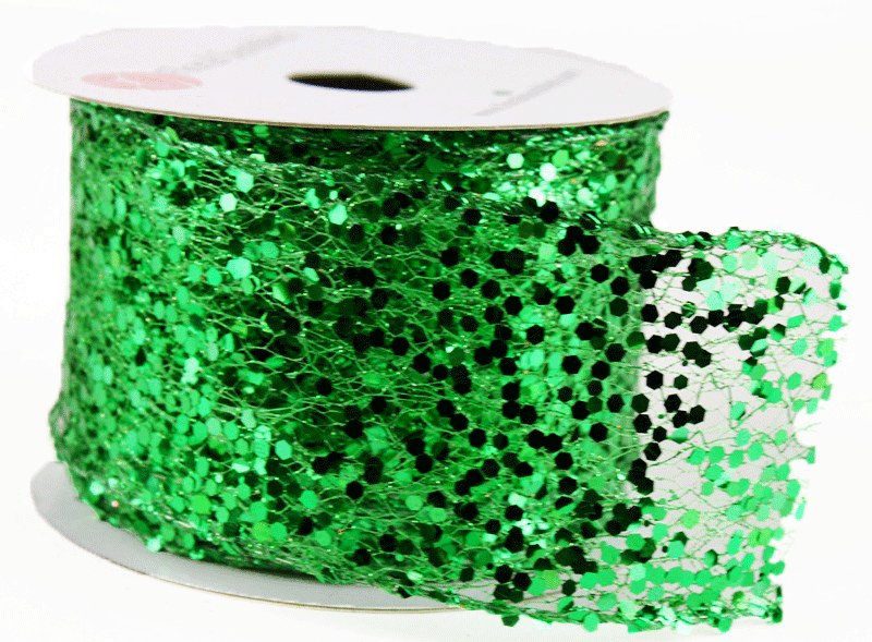 Glitter Sequin Ribbon Wired Edge Green 2.5" x 10 Yards
