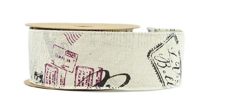 Vintage Style Stamp Wired Edge Ribbon 5cm x 10yards
