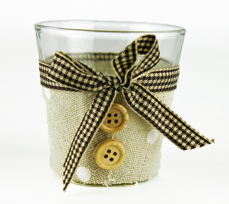 Picture of Glass tealight holder with hessian and buttons 6.5x 6.5cm
