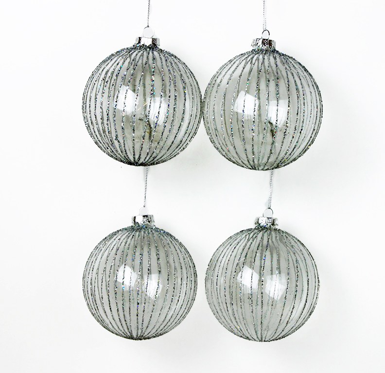 4 x Handblown Glass Christmas Baubles Glitter Stripe 10cm