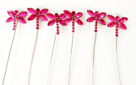 Dragonfly Diamante On Stem x 6 Hot Pink