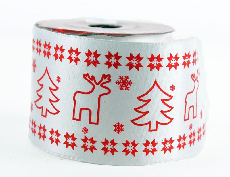 Red reindeer satin white ribbon 6cm x 10yards