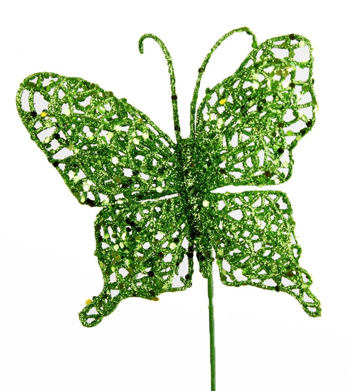 Lime green glitter decorative butterfly,10cm