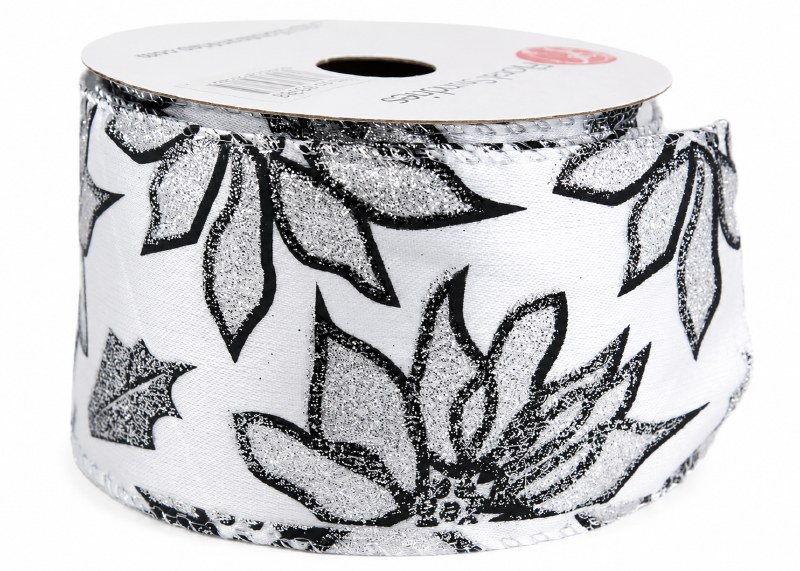 Wired Edge Poinsettia Ribbon Silver 2.5" x 10 Yards