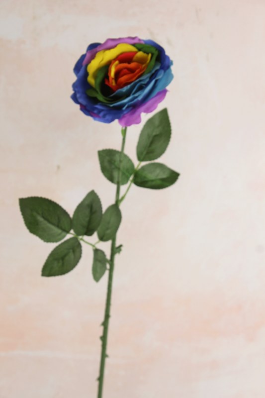Faux Single Stem Rose Rainbow 63cm