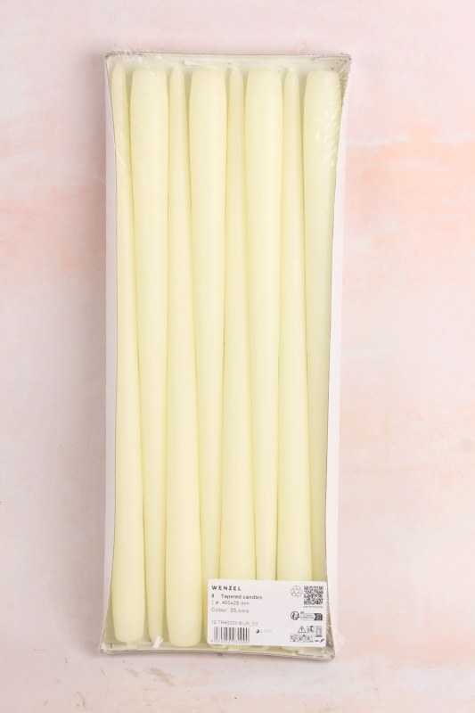 8 Ivory tapered candles, 400mm/25mm