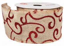 Natural hessian wired edge ribbon with red swirl 2.5"x10yards