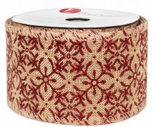 Hessian wired edge ribbon with red glitter pattern 2.5" x 10yards