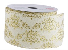 Christmas Ribbon Wired Edge Cream/ Gold 2.5" x 10 Yards