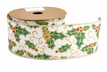 Ribbon Wired Edge Christmas Holly 6.3cm x 10 Yards