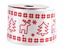 Red reindeer satin white ribbon 6cm x 10yards