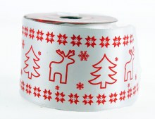 Red reindeer satin white ribbon 6cm x 10yards