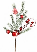 Faux Snowy Pine Stem White/ Red 50cm