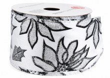 Wired Edge Poinsettia Ribbon Silver 2.5" x 10 Yards