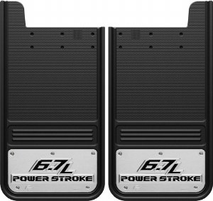 GA1223P-2, Gatorback Ford 6.7L Power Stroke Mud Flap, 12x23", universal fit. Heavy-duty virgin rubber with formed 304 stainless steel plate and aluminum self-drilling screws.