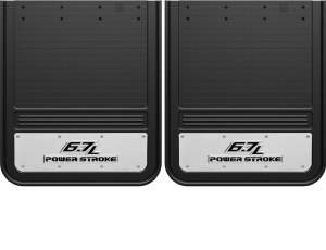 Gatorback GA2124P-2 Power Stroke mud flaps, heavy-duty rubber with stainless steel plate, 21x24 universal fit, Ford licensed, made in Canada, lifetime warranty