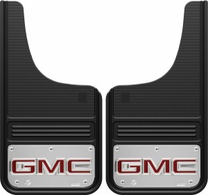 Gatorback GB1223CUTGR-2 GMC front mud flaps 12x23" cut, premium rubber with 304 stainless steel plate, stainless hardware included, GM licensed, made in Canada.