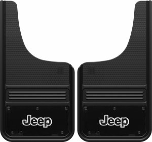 Gatorback GB1223CUTJ-W Mopar front mud flaps 12x23" cut, premium rubber with 304 stainless steel plate, stainless hardware included, licensed, made in Canada.