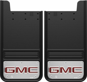 Gatorback GB1223GR-2 GMC logo mud flaps 12x23", premium rubber with 304 stainless steel plate, GM licensed, stainless hardware included, made in Canada.