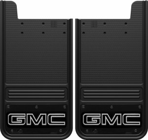Gatorback GB1223GW-2 GMC Black Wrap mud flaps 12x23", premium rubber with 304 stainless steel plate, GM licensed, stainless hardware included, made in Canada.
