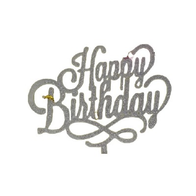 Happy Birthday Detailed Silver Glitter Cake Pic