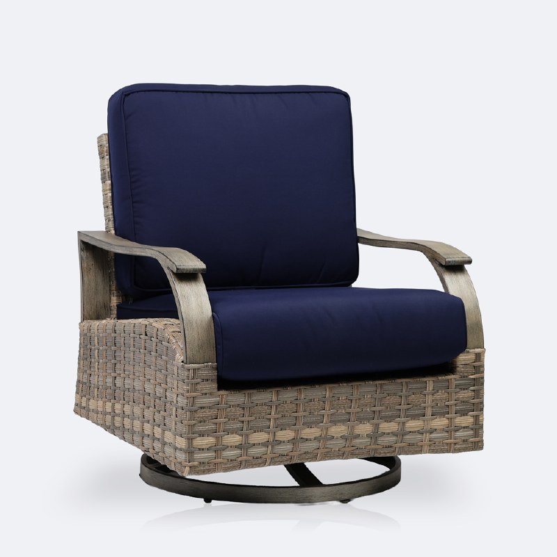 Bayside Swivel Club Chair - Mixed Beige Wicker/Sunbrella Canvas Navy Cushion