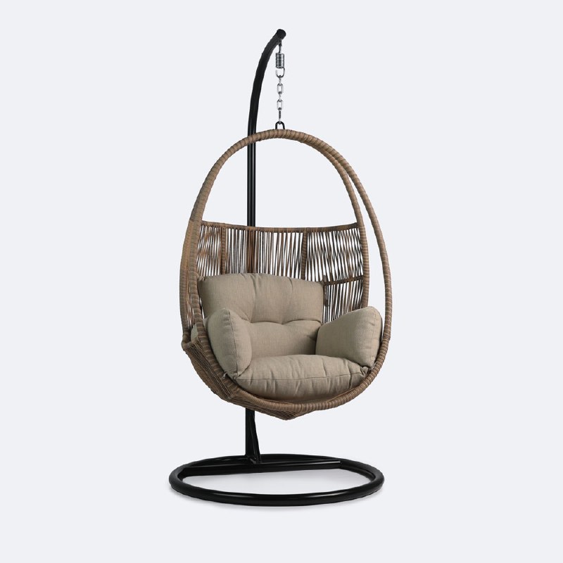 Halo Hanging Chair - Black Frame - Mixed Beige Wicker - Camel Cushions