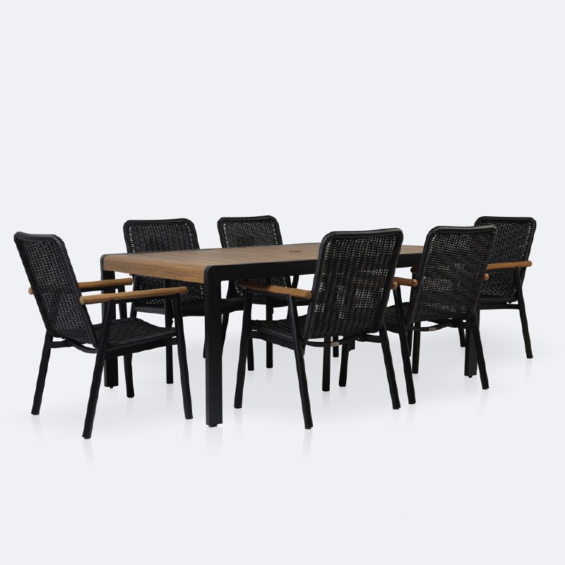 Napa Dining Set- Black Frame - Wood-look Slat Table Top - Seats 6