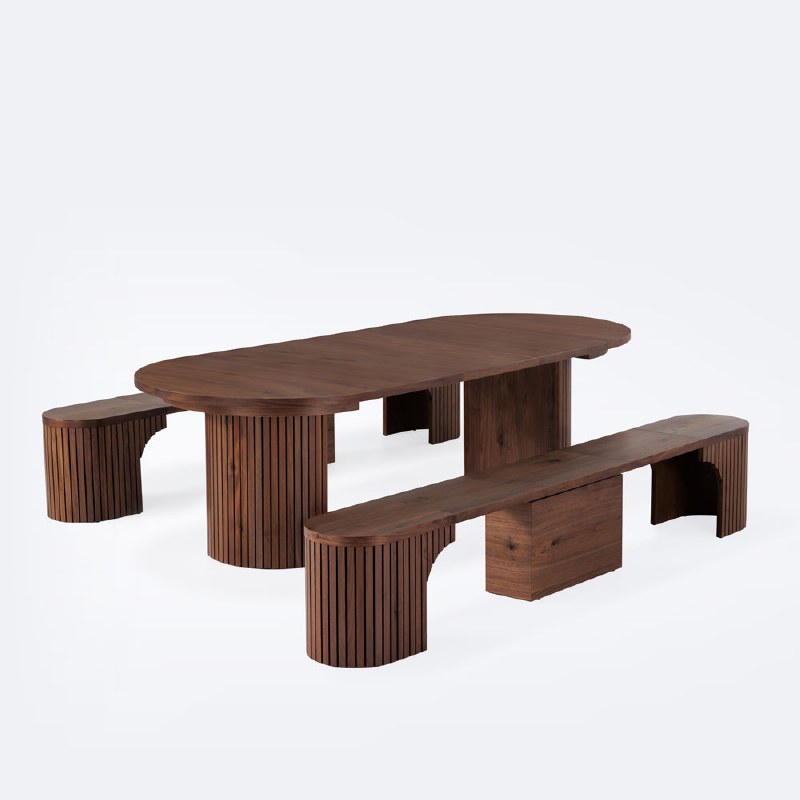 Round Transformer Table Set with Dining Benches- Royal Walnut