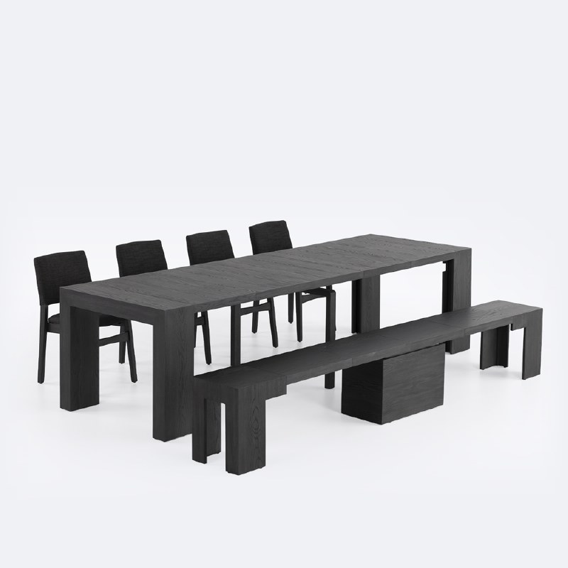 Transformer Table Set wih Dining Benches and Chairs - Smoked Hickory