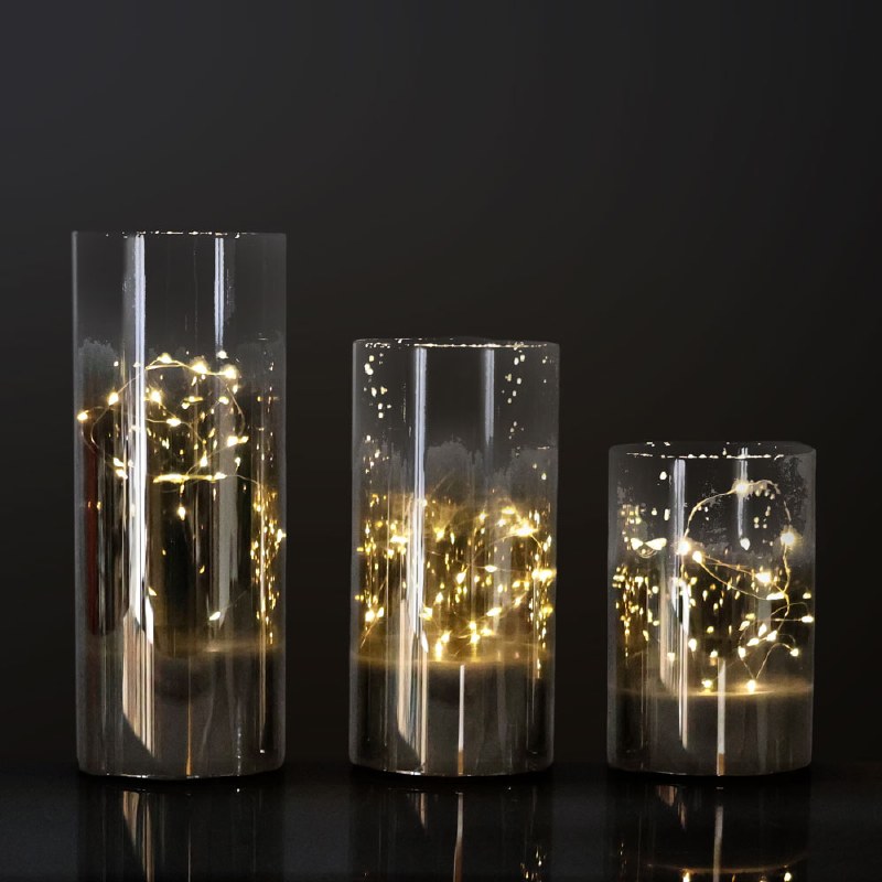 Smoked Glass Cylinders with LED Lights - Set of 3