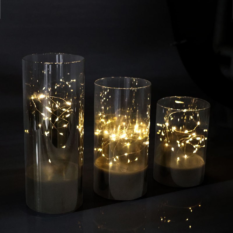 Smoked Glass Cylinders with LED Lights - Set of 3