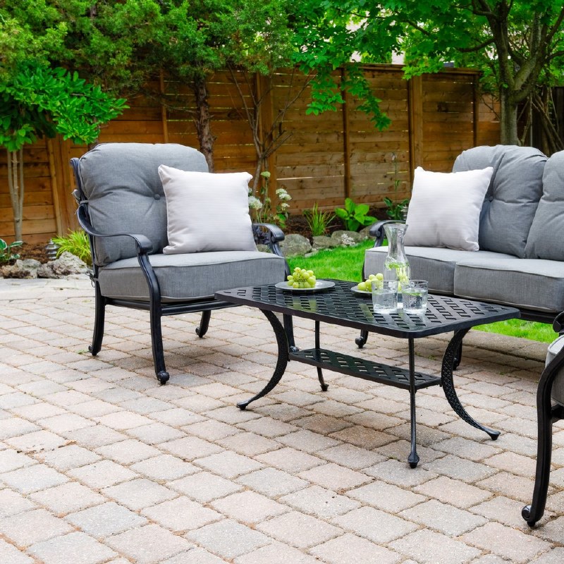 Blanca Loveseat Conversation Set – Black Tippet Frame – Dark Grey Cushions