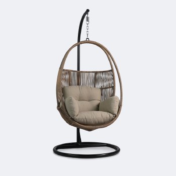 Halo Hanging Chair - Black Frame - Mixed Beige Wicker - Camel Cushions