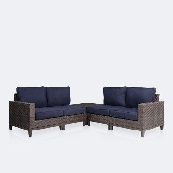 Catalina Coffee Table Corner Sectional - Brown Wicker/Navy Cushions