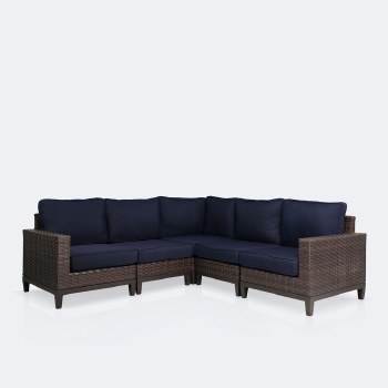 Catalina Sectional - Brown Wicker- Navy Cushions