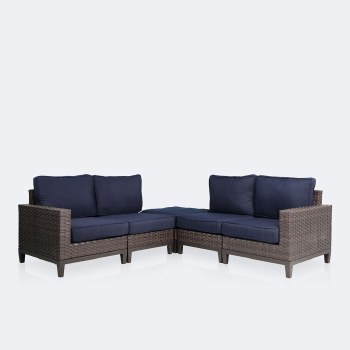 Catalina Ottoman Corner Sectional - Brown Wicker- Navy Cushions
