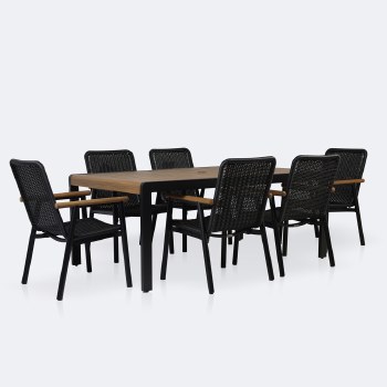 Napa Dining Set- Black Frame - Wood-look Slat Table Top - Seats 6