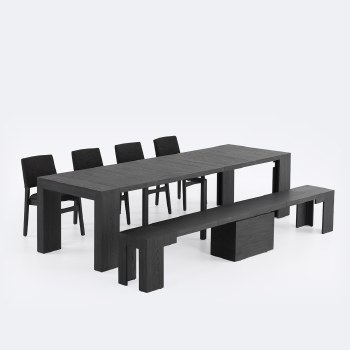 Transformer Table Set wih Dining Benches and Chairs - Smoked Hickory