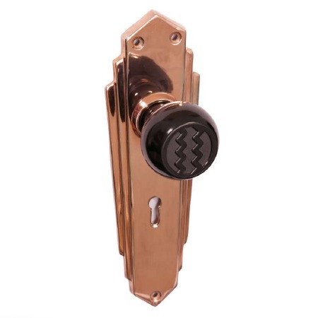 Bakelite Ritz Door Knobs Black on Empire Lockplates Copper