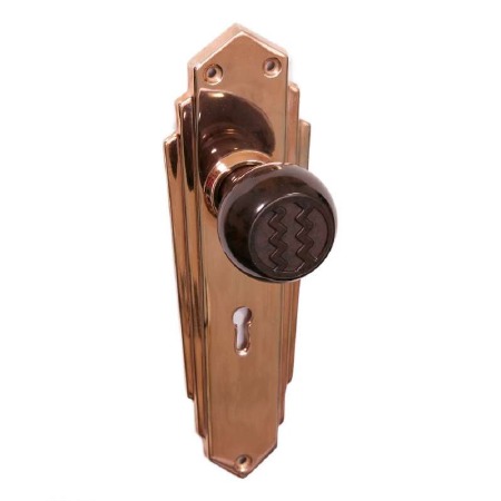 Bakelite Ritz Door Knobs Walnut on Empire Lockplates Copper