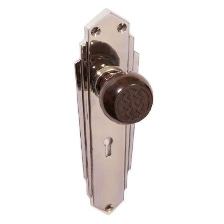 Bakelite Ritz Door Knobs Walnut on Empire Lockplates Chrome