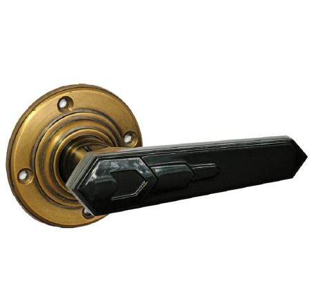 Bakelite Savoy Door Handles on Round Rose Antique Brass/Black