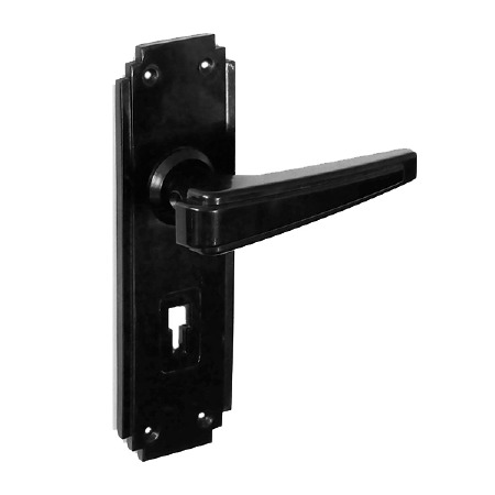 Bakelite Plaza Door Handles on Deco Lockplates Black