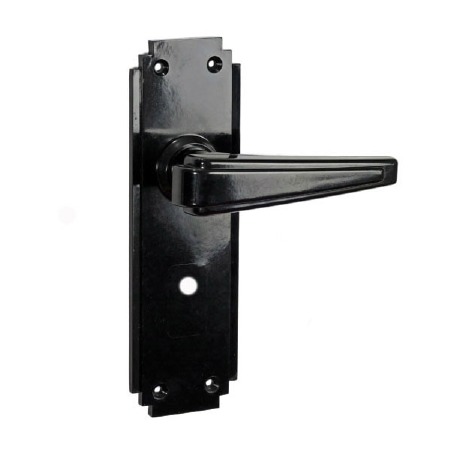 Bakelite Plaza Door Handles on Deco Bathroom Plates Black