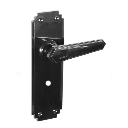 Bakelite Savoy Door Handles on Deco Bathroom Plates Black