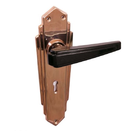 Bakelite Plaza Door Handles Black on Empire Lockplates Copper