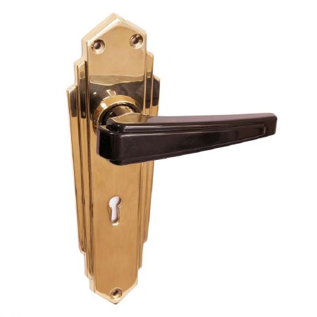 Bakelite Plaza Door Handles Black on Empire Lockplates Brass