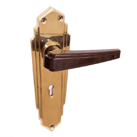Bakelite Plaza Door Handles Walnut on Empire Lockplates Brass